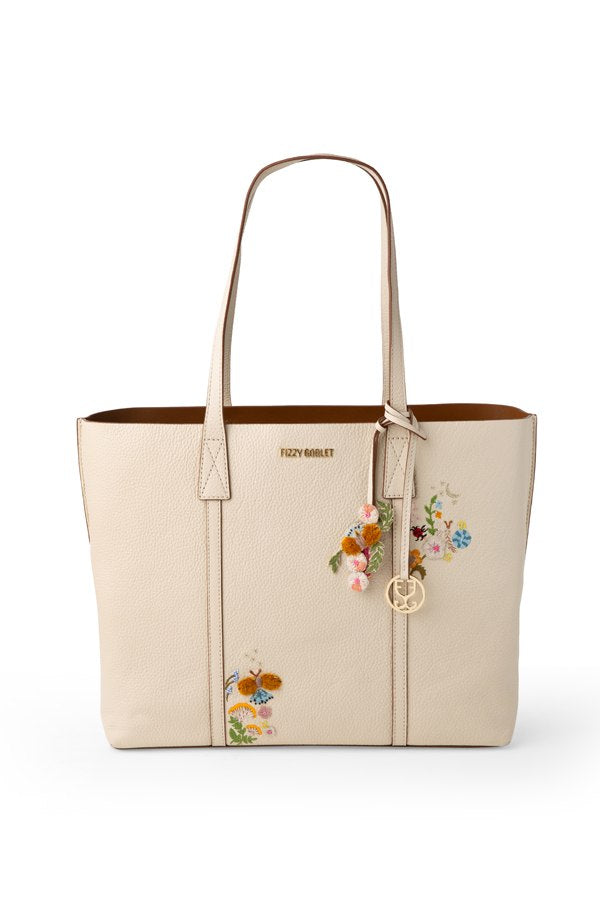 Fizzy Tote Leather Cream (With Honeybee and Floral Embroidery)