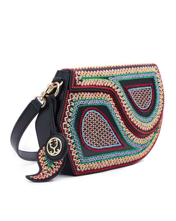 GEO Shoulder Bag Leather - Black (With Colourful Beads)