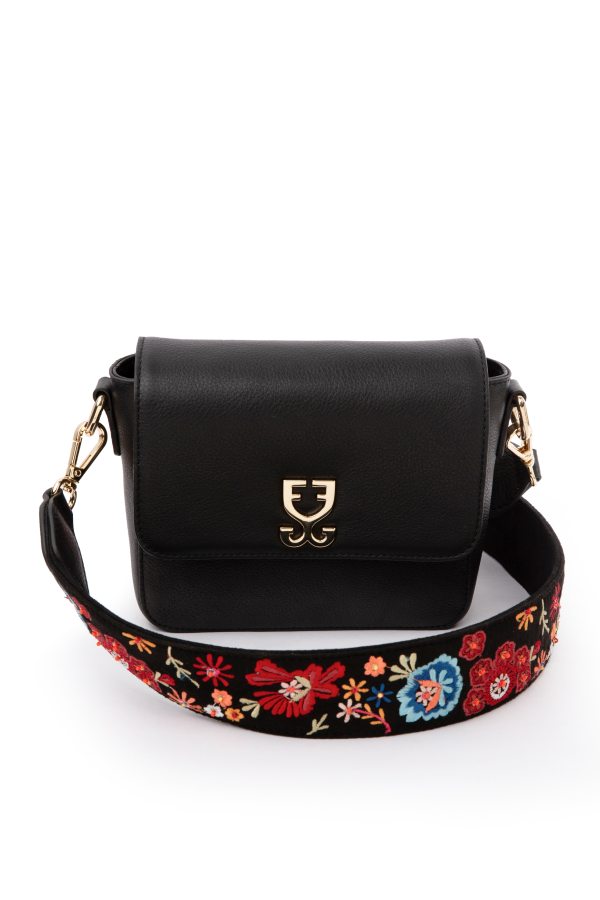 Mini Goblet Crossbody Leather : Black With Embroidered Strap