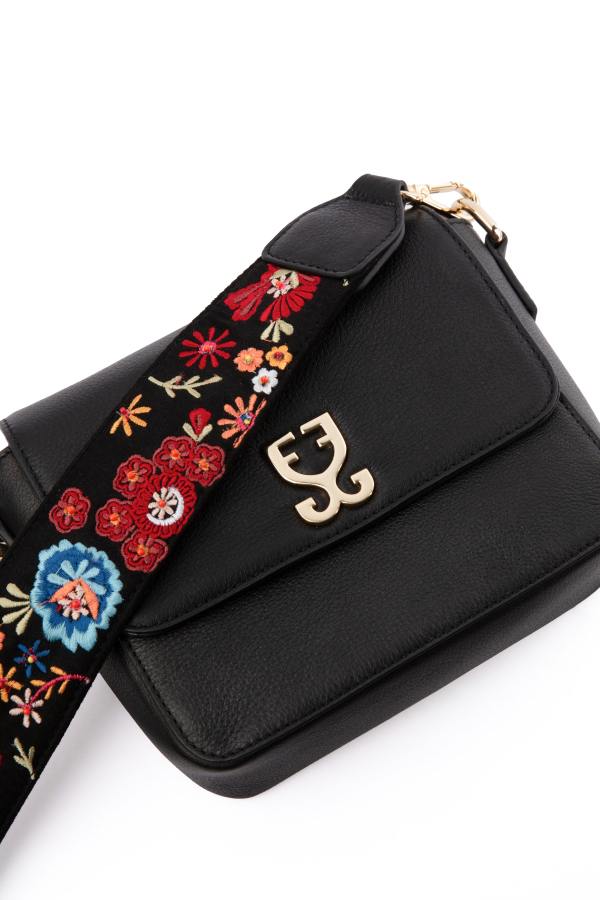 Mini Goblet Crossbody Leather : Black With Embroidered Strap