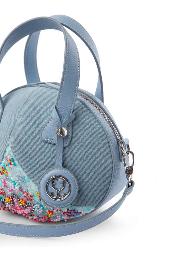 Oyster Crossbody In Denim And Leather : (With Embellished Sequins) - Limited EditionOyster Crossbody In Denim with Underwater Handembroidered Strap - Limited Edition