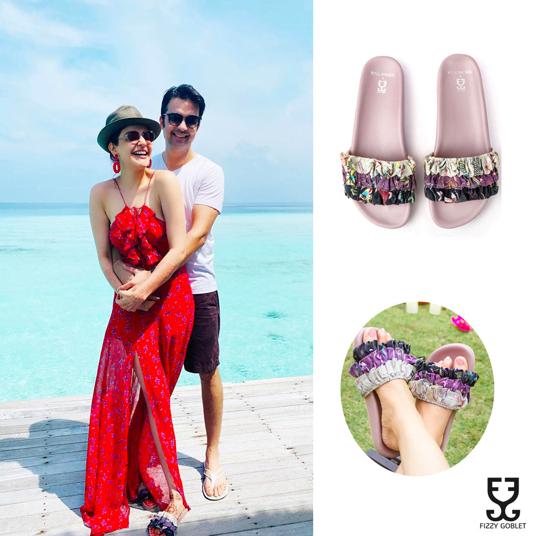 Kajal Aggarwal in Buttercake Ruffle Sliders: Payal Singhal X Fizzy Goblet
