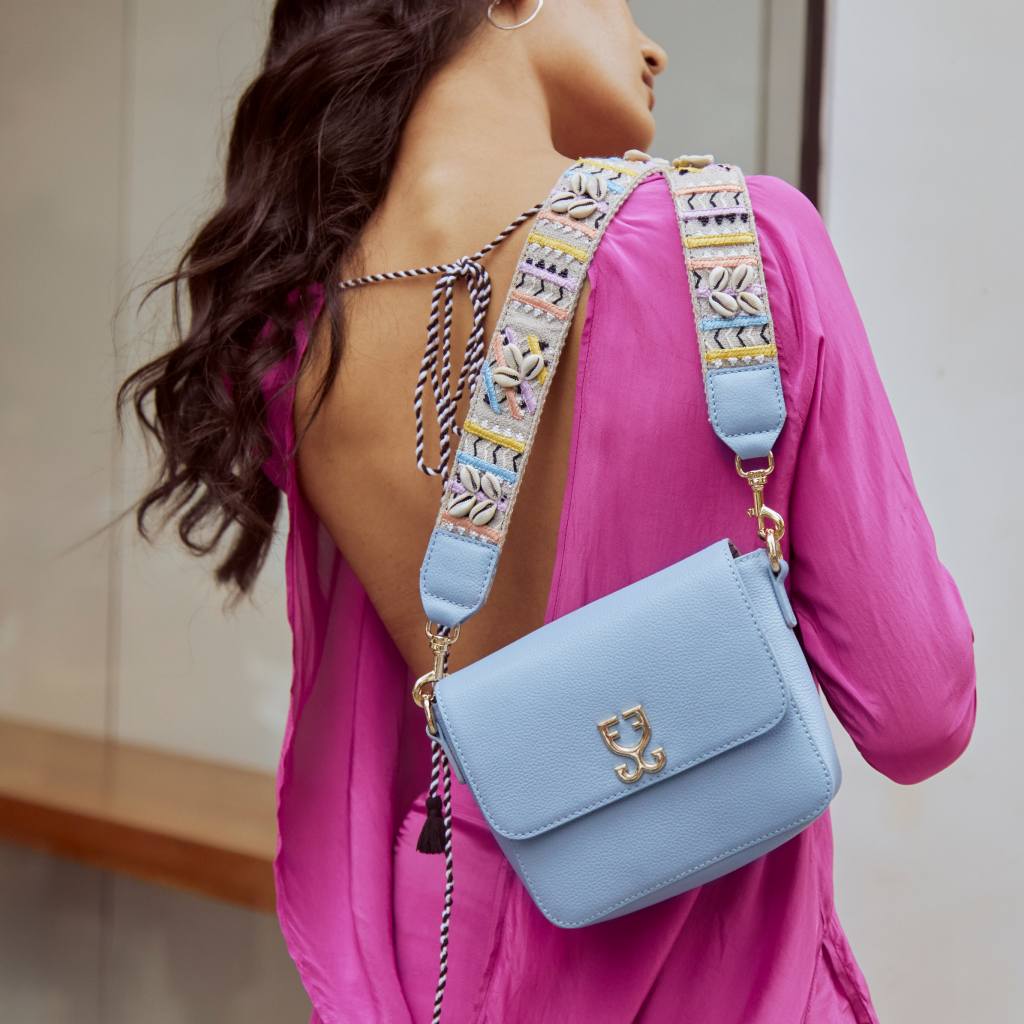 Mini Goblet Crossbody Leather â€“ Stone Blue with Embroidered Strap