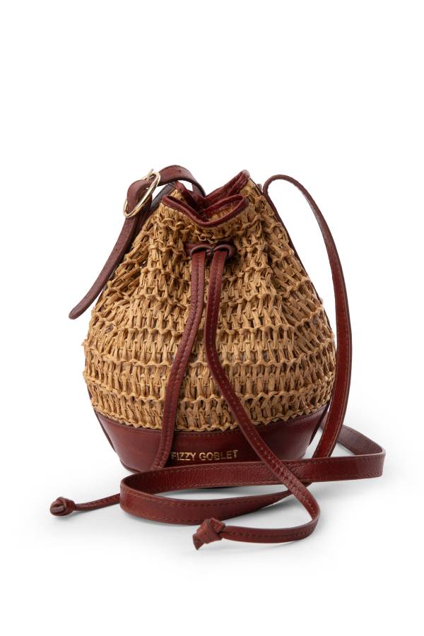 Mini Bucket Bag In Leather With Raffia : Tan