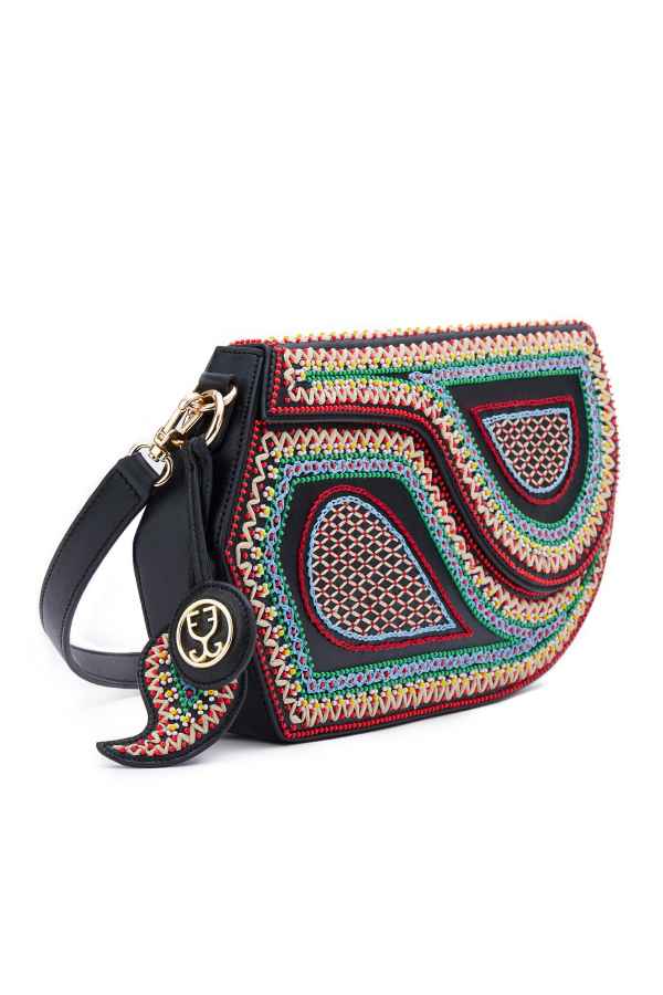 GEO Shoulder Bag Leather - Black (With Colourful Beads)