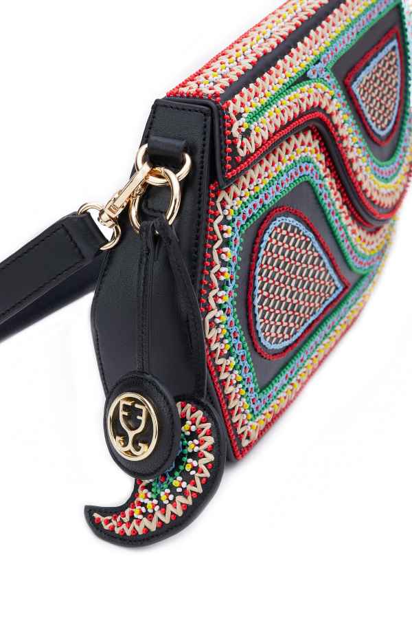 GEO Shoulder Bag Leather - Black (With Colourful Beads)