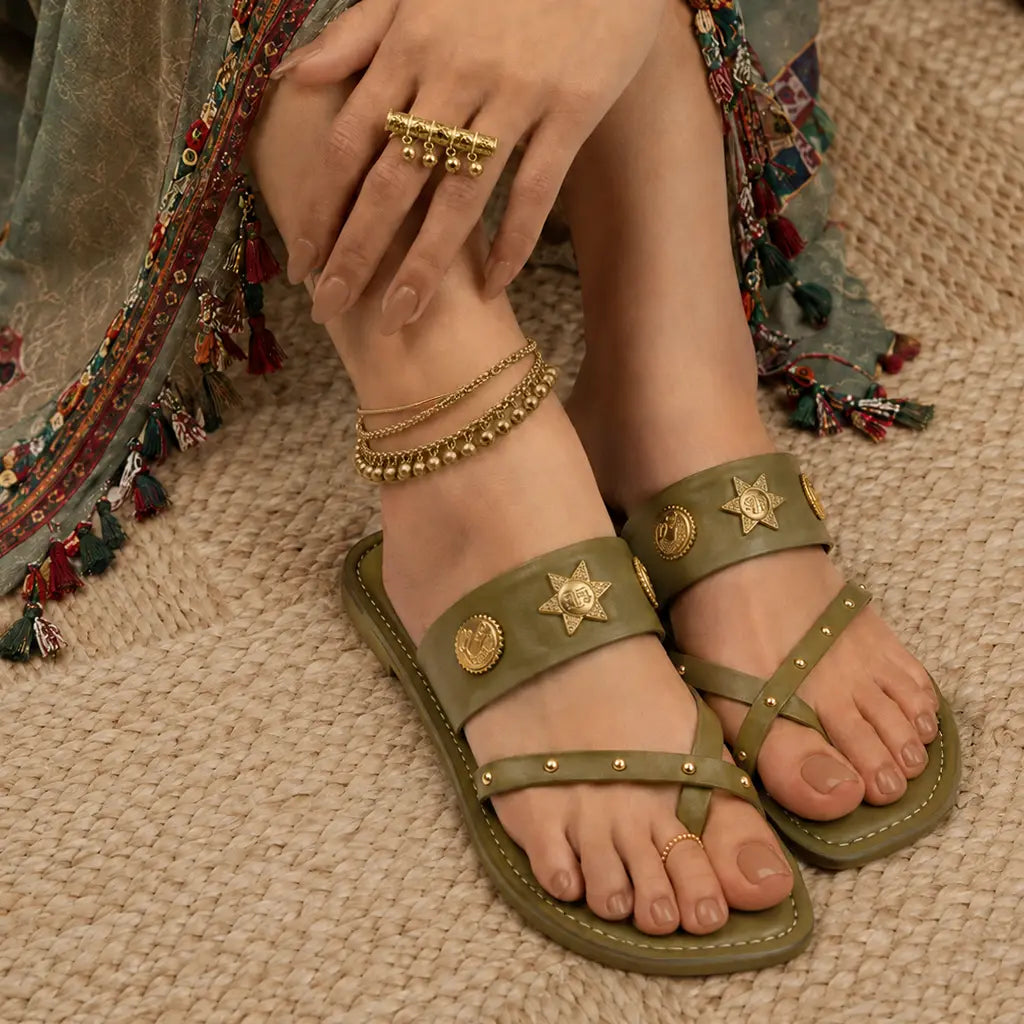 Mehndi : Kolha Flats - Handcrafted - Fizzy Goblet - Indian - Olive 